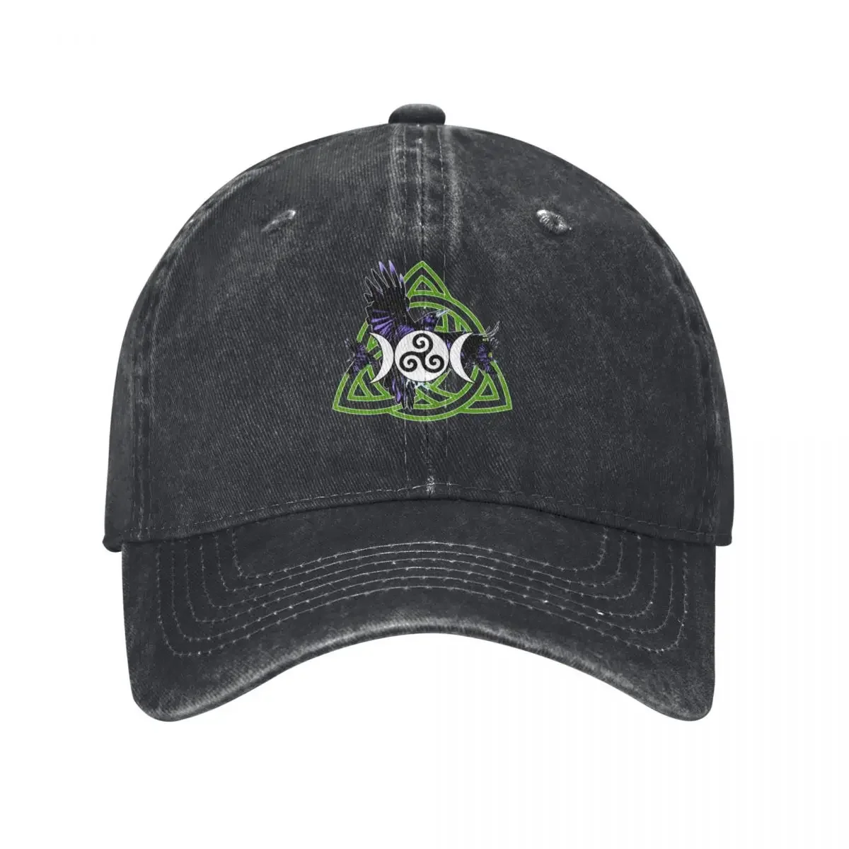 The Morrigan Triple Goddess Raven - Witches Triple Moon with Triquetra Celtic Knot and Triskelion (GREEN VARIANT) Baseball Cap