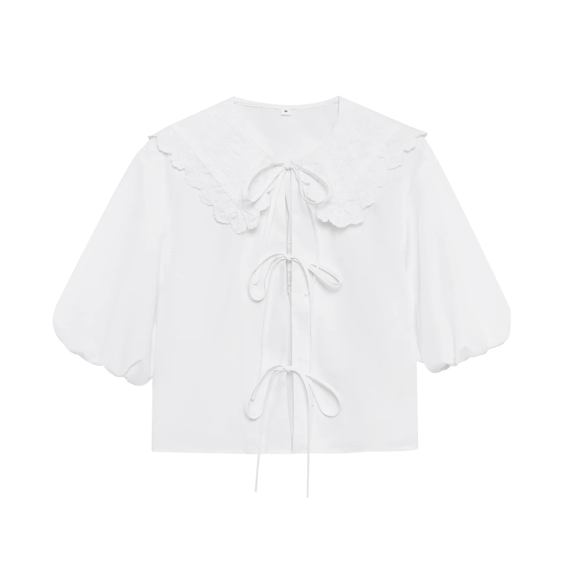 

ZBZA Women's Lace-up Cropped Blouse Loose Lace Collar Puff Sleeve Solid Color Commuter Shirt Spring Summer New Female Chic Shirt
