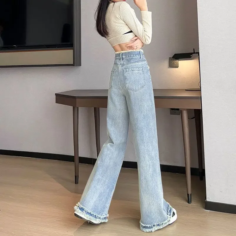 Pantaloni in denim a gamba larga Jeans dritti da donna Tasche lavate invecchiate a vita alta Pantaloni lunghi fino al pavimento vintage 2025 Streetwear