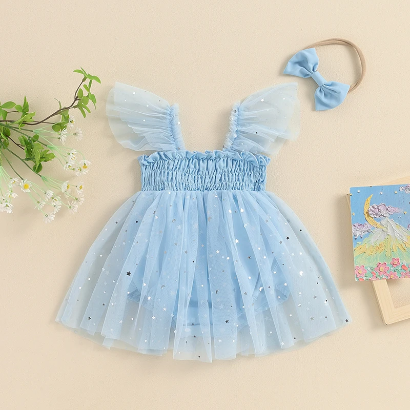 VISgogo Baby Girls Summer Romper Dress Blue Flying Sleeve Sequins Star Mesh Tulle Romper with Headband Sweet Princess Outfits