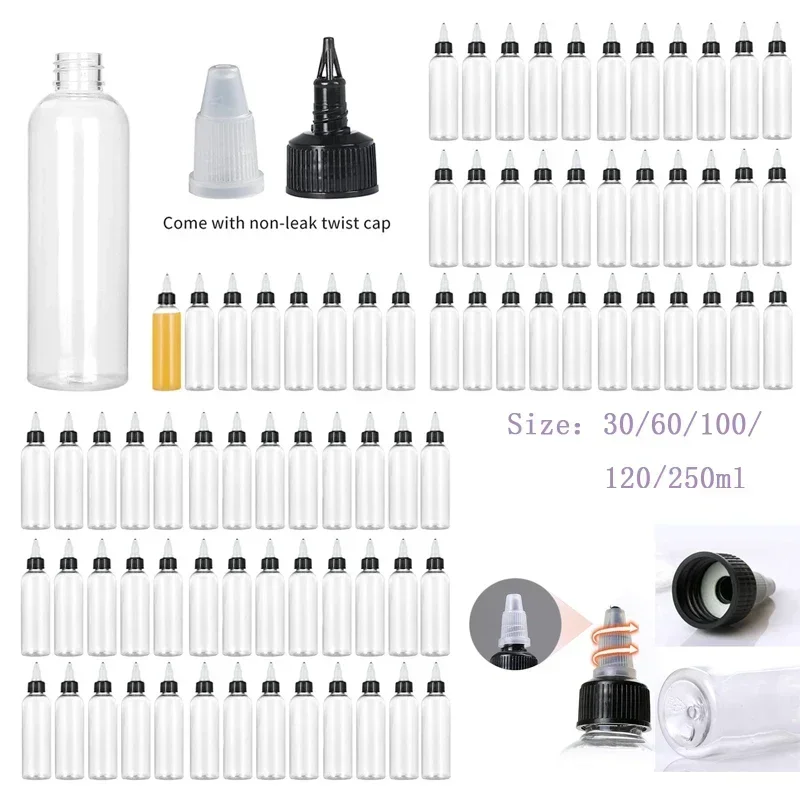 Bouteilles de colle à presser en plastique transparent de 30ml à 250ml, 5 pièces, avec capuchon torsadé noir, conteneurs compte-gouttes rechargeables pour peinture, encres de tatouage à faire soi-même