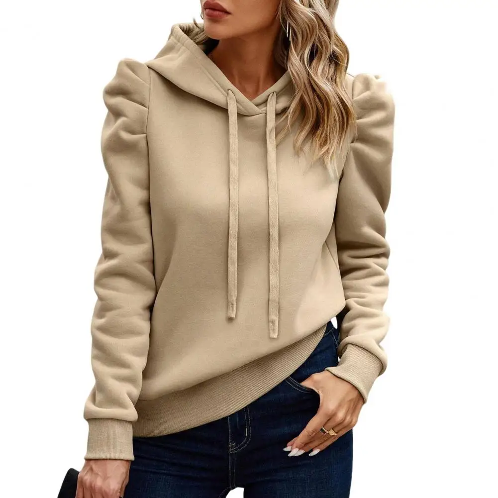 

Fall Spring Women Hoodie Loose Solid Color Patch Pocket Long Sleeves Piled Sleeves Thick Warm Pullover Casual Sweatshirts