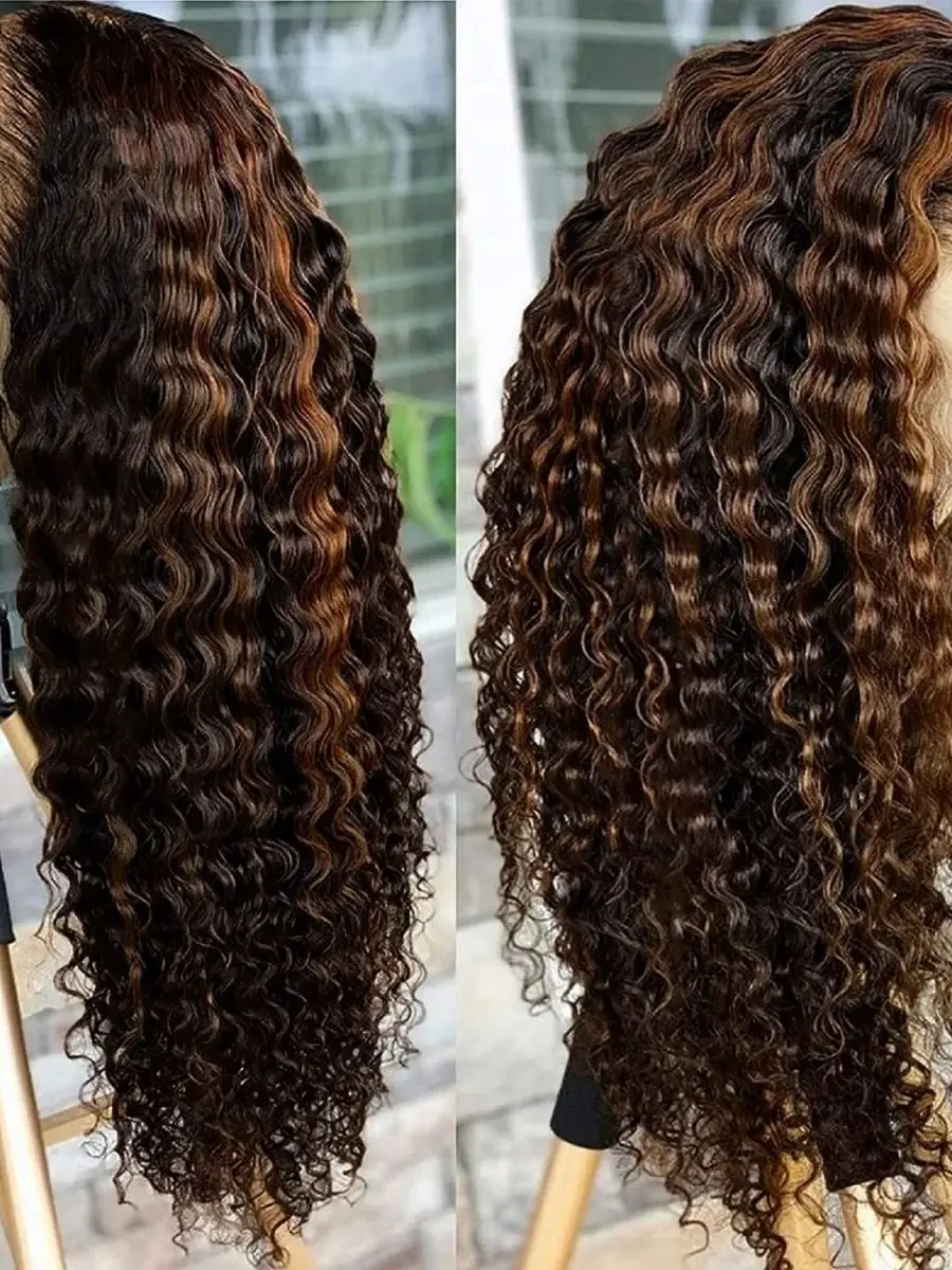250 Dichtheid Krullend 1B/30 Hoogtepunt Ombre Menselijk Haar Pruiken 13x6 HD Kant Frontale Pruik Pre geplukt Braziliaanse Diepe Golf Menselijk Haar Pruik - afbeelding 2