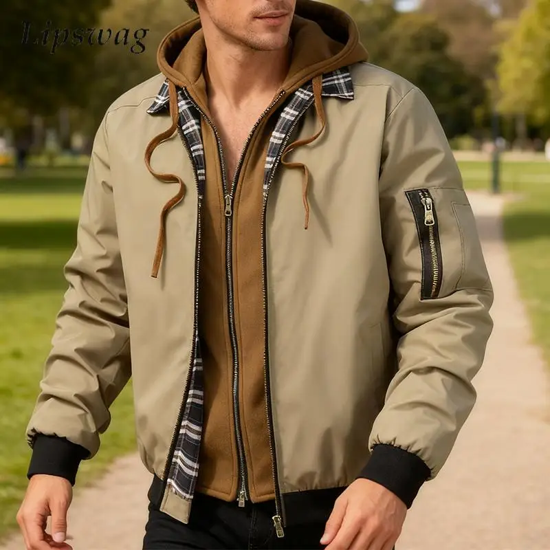 

Винтажные многослойные лоскутные пальто на молнии, мужские уличные повседневные теплые толстые куртки с капюшоном, мужская осенне-зимняя модная верхняя одежда