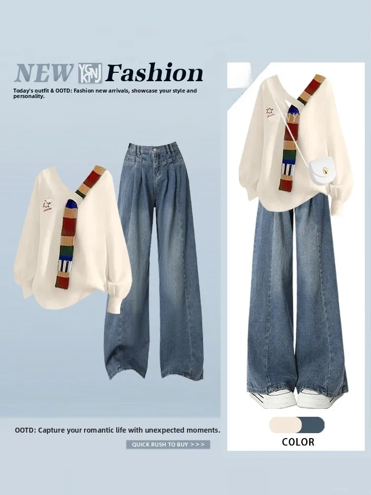 

Korean Sle Early Autumn Faion Set Women's Gentle Knitted Sweater High Waist Slimming Jeans Color Colion Long Sve V-...