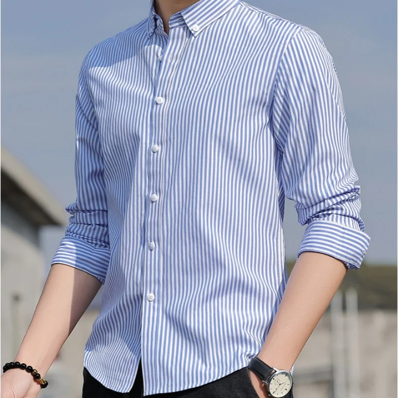 Plus Size Men\'s High Quality Dress Shirts Korean Casual Classic Busines Blue Striped Shirts Breathable Long-Sleeved Shirt Coat