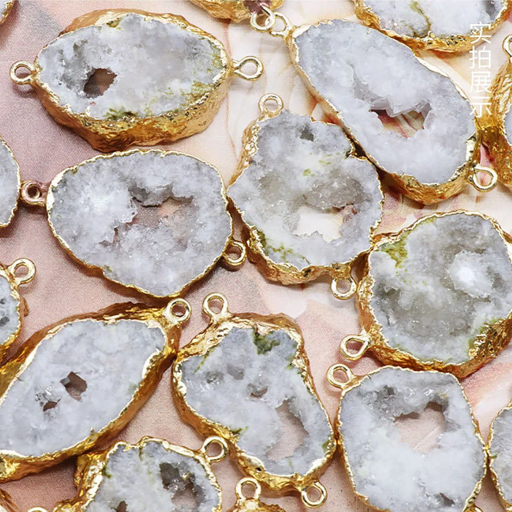 Natural Agate Geode Slice Crystal Druzy Agate Energy Stone Connectors Pearl Links Pendant Charms for DIY Jewelry Making Necklace