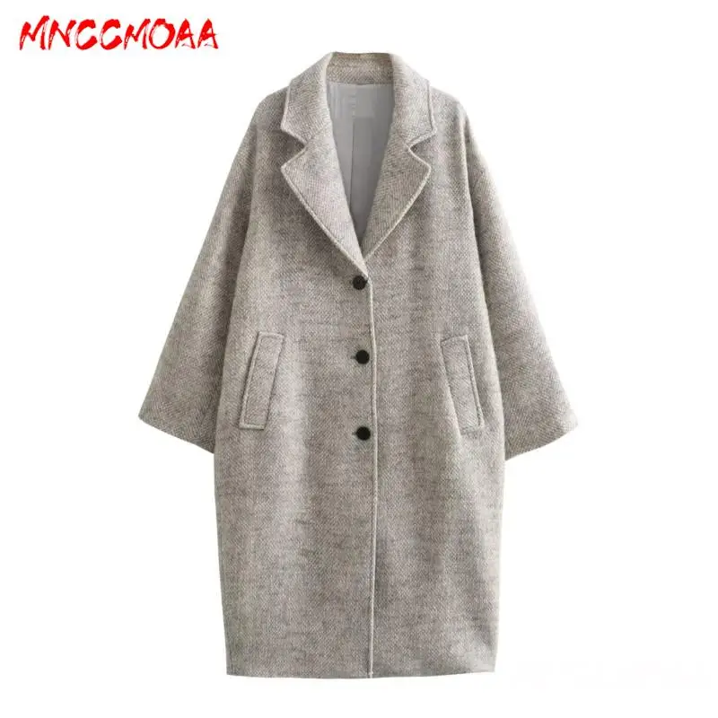 MNCCMOAA-Women\'s Twill Woolen Coat, Long Sleeve Pockets, Loose Button, Casual Outerwear, Female Fashion, Autumn, Winter, 2024