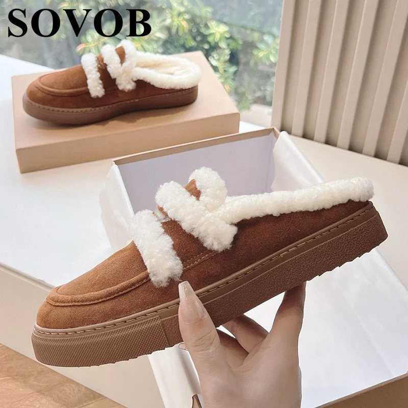 

New Winter Thick Bottom Flat Slippers Women Round Toe Retro Warm Mules Daily Outdoor Vacation Lazy Shoes Versatile Ankle Boots