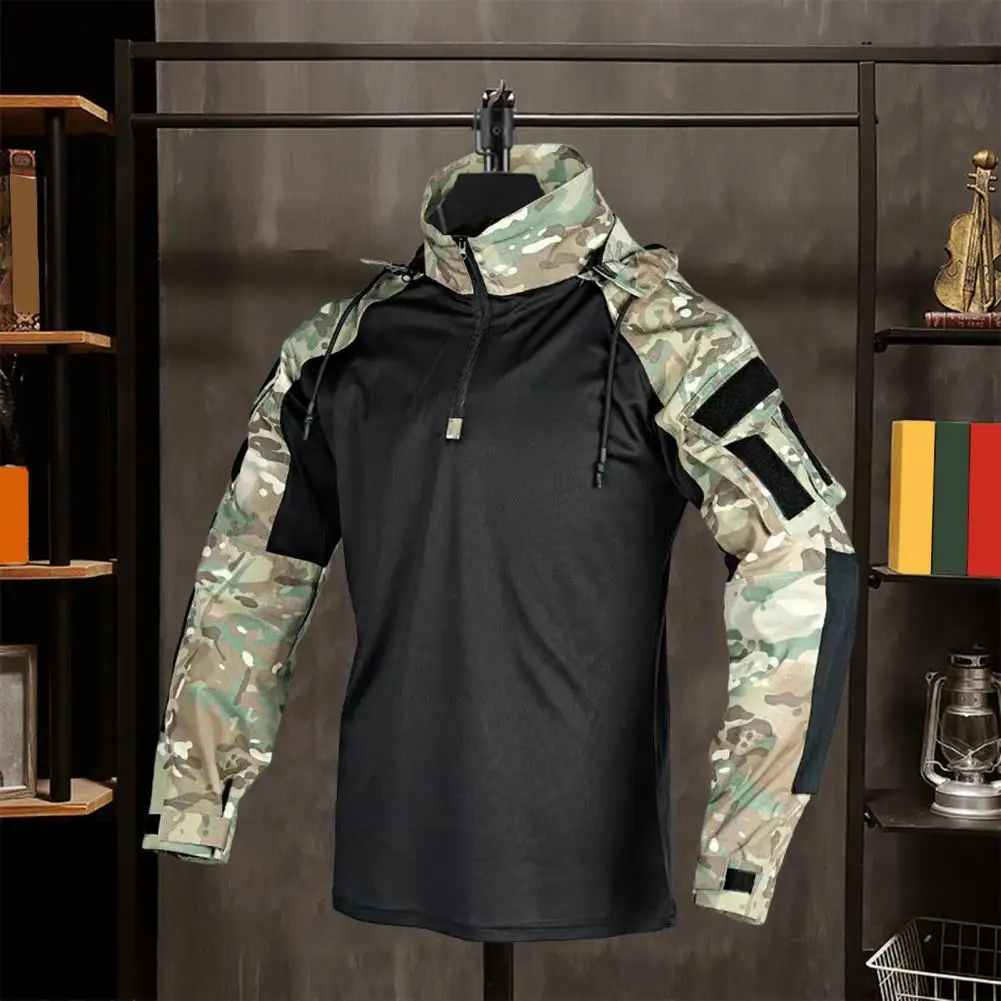 Men's Camouflage Shirt Long Sleeve Stand-up Collar Top 1/4 Zip Combat T-Shirt Camo Uniform with Hood for Airsoft Hunting Hiking