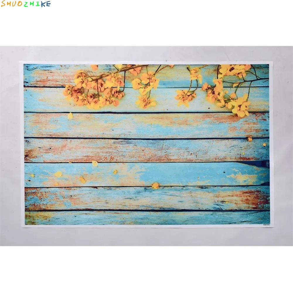 Flower Wooden Food Subject Backdrop for Photo Shoot Blue Wood Board Product Photo Background Spring Floral Shooting Prop