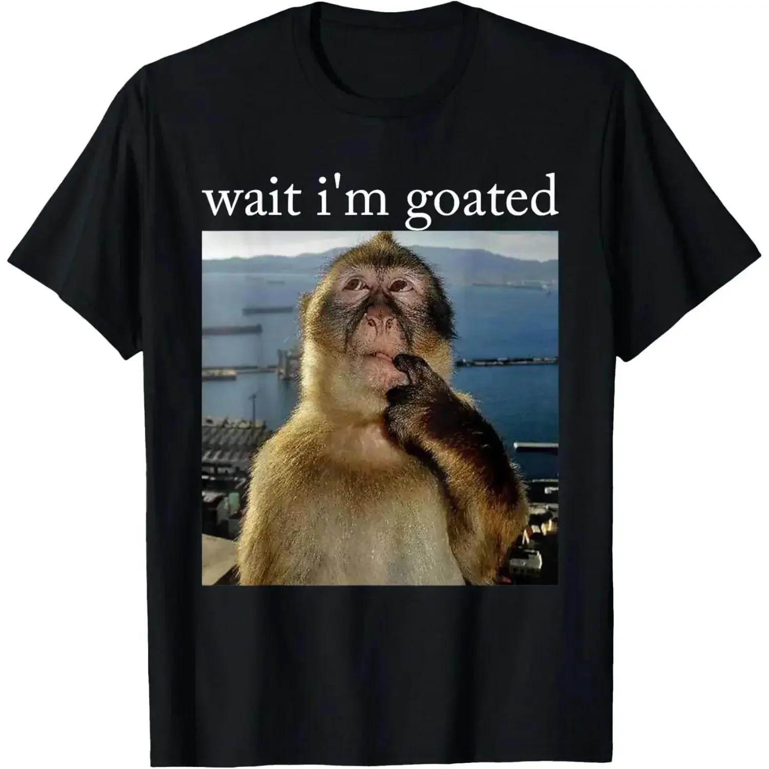 Women's Short-Sleeve Round Neck Casual Graphic T-Shirt - Soft Streetwear Top, Wait I'm Goated Funny Thinking Monkey Meme Brainrot Gift