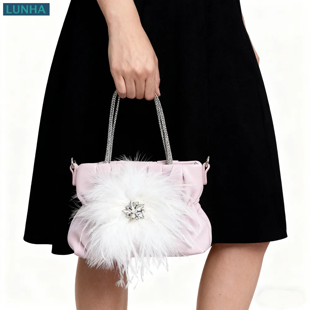 

Women's Top Handle Small Bucket Handbag Shiny Diamond Ostrich Feather Pleats Evening Clutch Bag Party Banquet Shoulder Purse