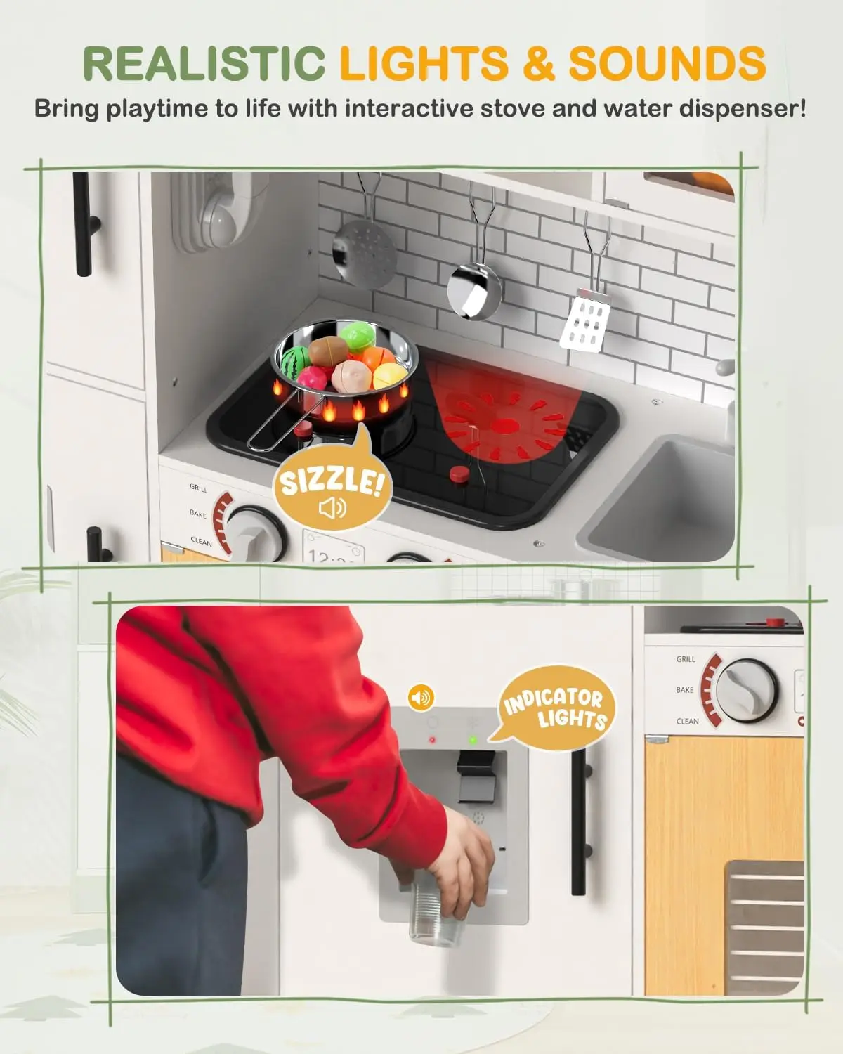 Ensemble de jeu de cuisine en bois pour enfants, cuisine de jeu interactive avec lumières et sons, jouet de simulation pour enfants, Ov