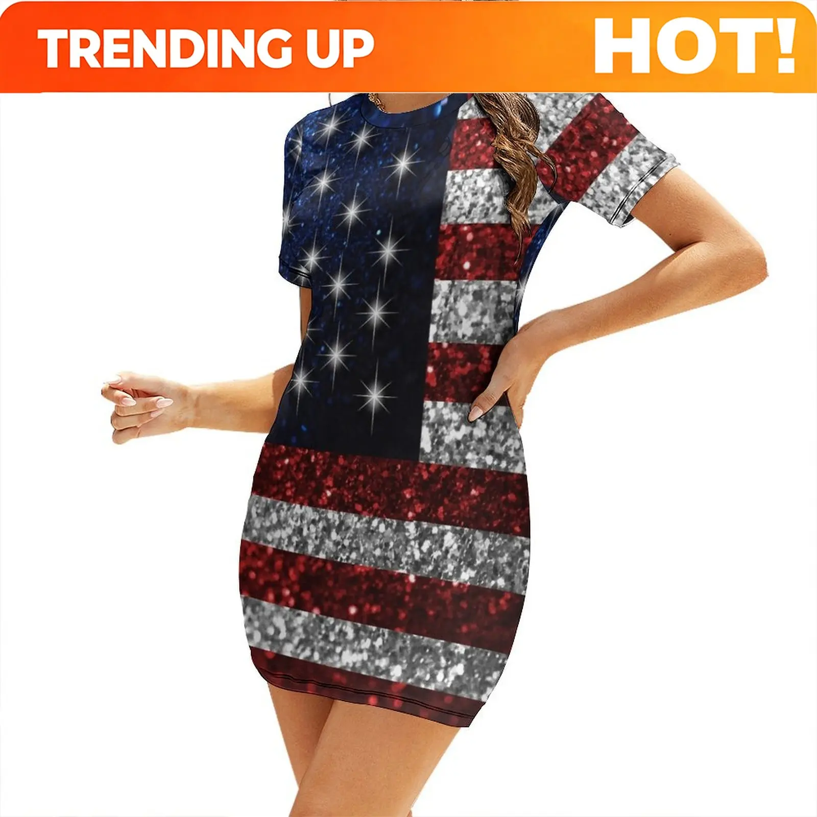 Customization American Flag in Glitter Graphic Short-Sleeved Dress Clothing Dresses Clothing female Dress