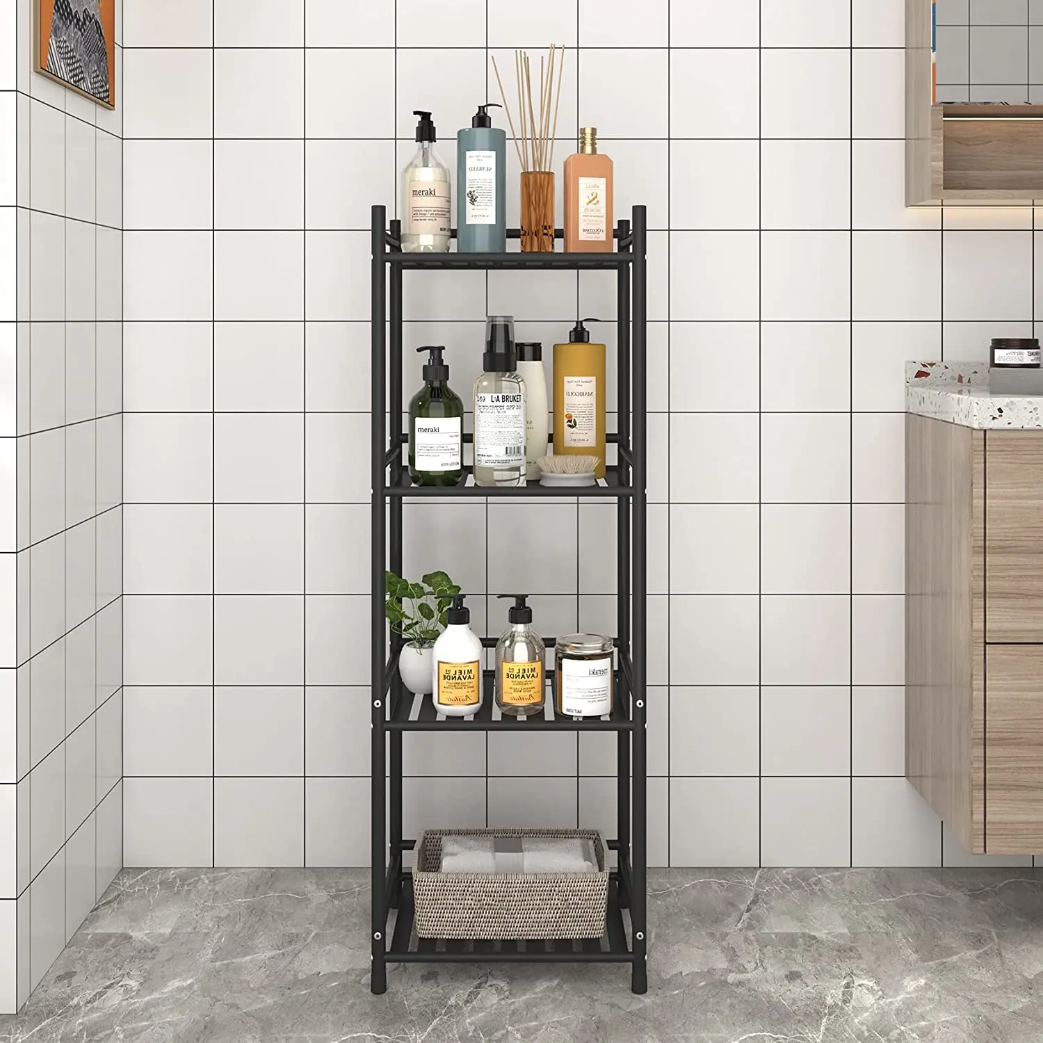 4 Tier Bathroom Storage Open Shelf Unit Free-Standing Metal Corner Rack Shelving for Kitchen, Living Room, Hallway