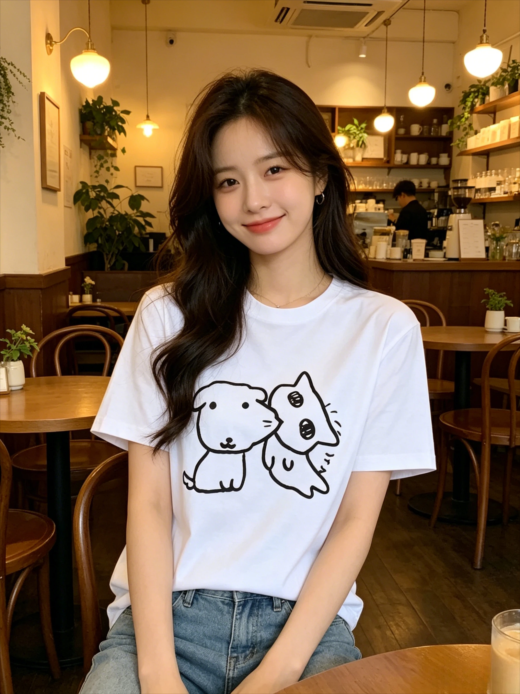 Cute Simple Line Drawing Dog Cat Print Women T-shirt Soft O Neck Tee Daily Couple Top Women's Clothing with Many Korean Reviews