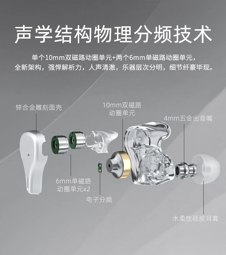 Three-unit dynamic in-ear earphones hifi wire-controlled noise reduction Karaoke live game heavy bass