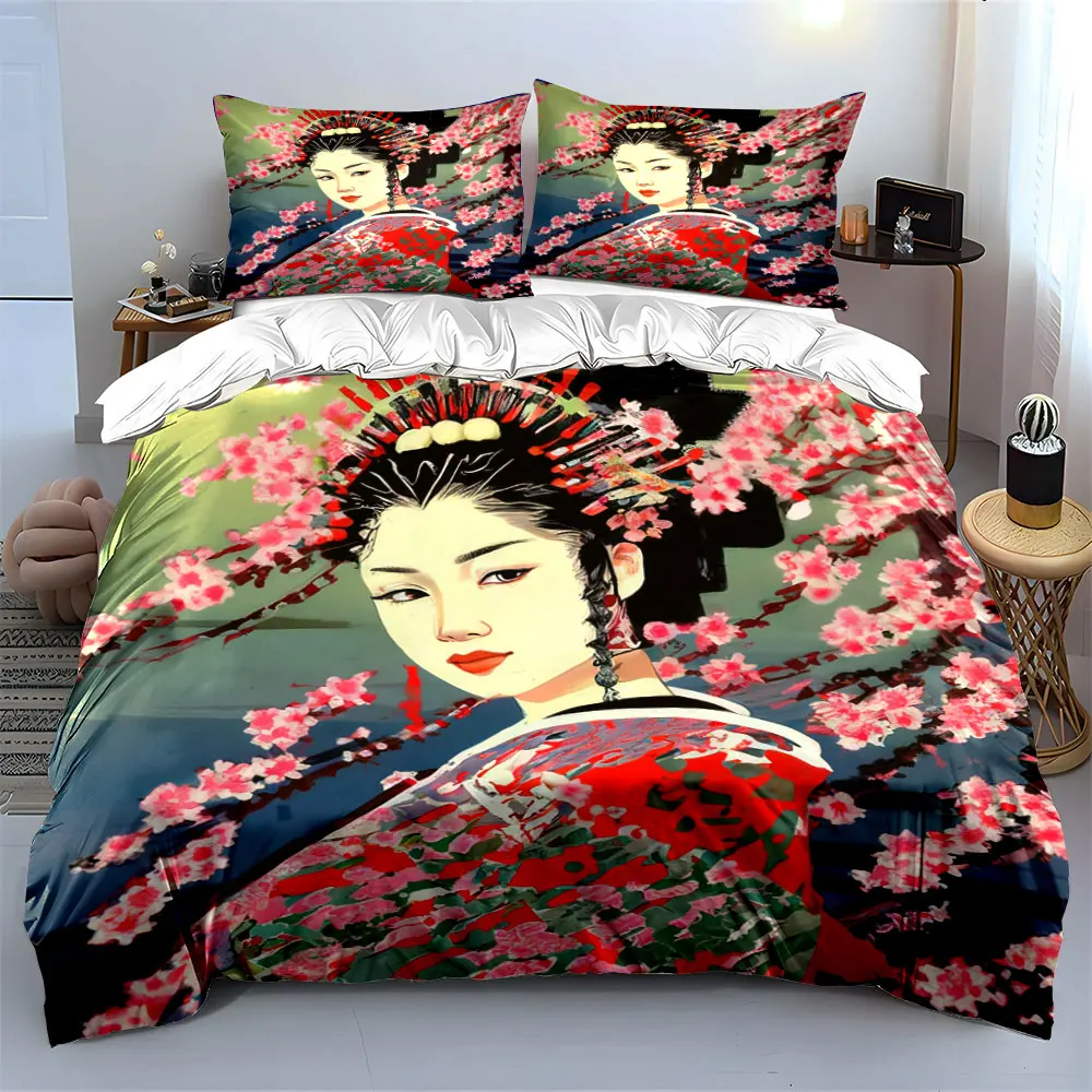 Japanese Ukiyo-e Geisha Cherry Blossom Kimono Bedding Set,Vintage Oriental Floral Lady Print 1 Duvet Cover 2 Pillowcase, Gift