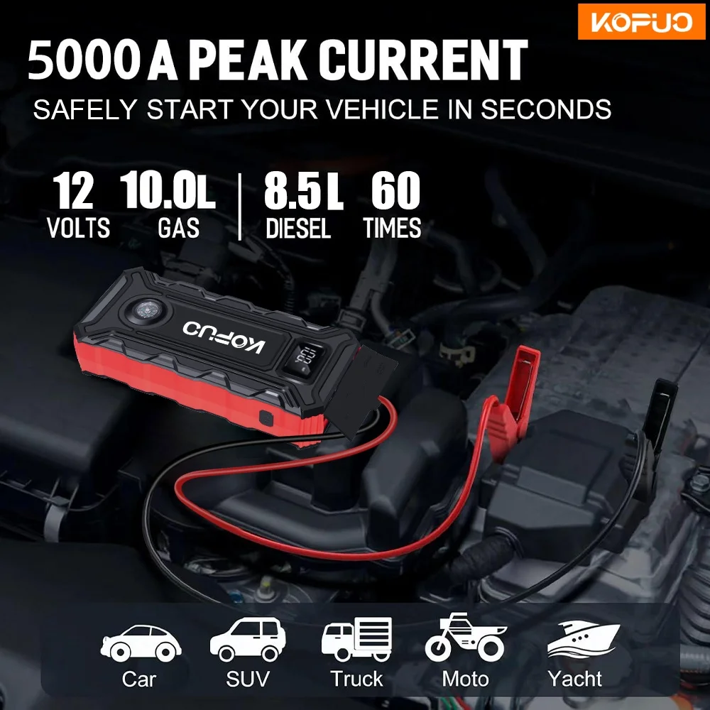 بنك الطاقة KOPUO 5000A للسيارة Jump Starter لغاز 10.0 لتر/ديزل 8.5 لتر، مصباح LED ثلاثي الأوضاع، بوصلة، استخدام في حالات الطوارئ بدرجة حرارة منخفضة