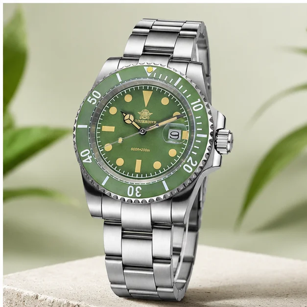 ADDIESDIVE Relógio de pulso masculino vintage de quartzo, moldura de cerâmica de alta qualidade, 200m, à prova d'água, luminoso, calendário, relógios de aço inoxidável