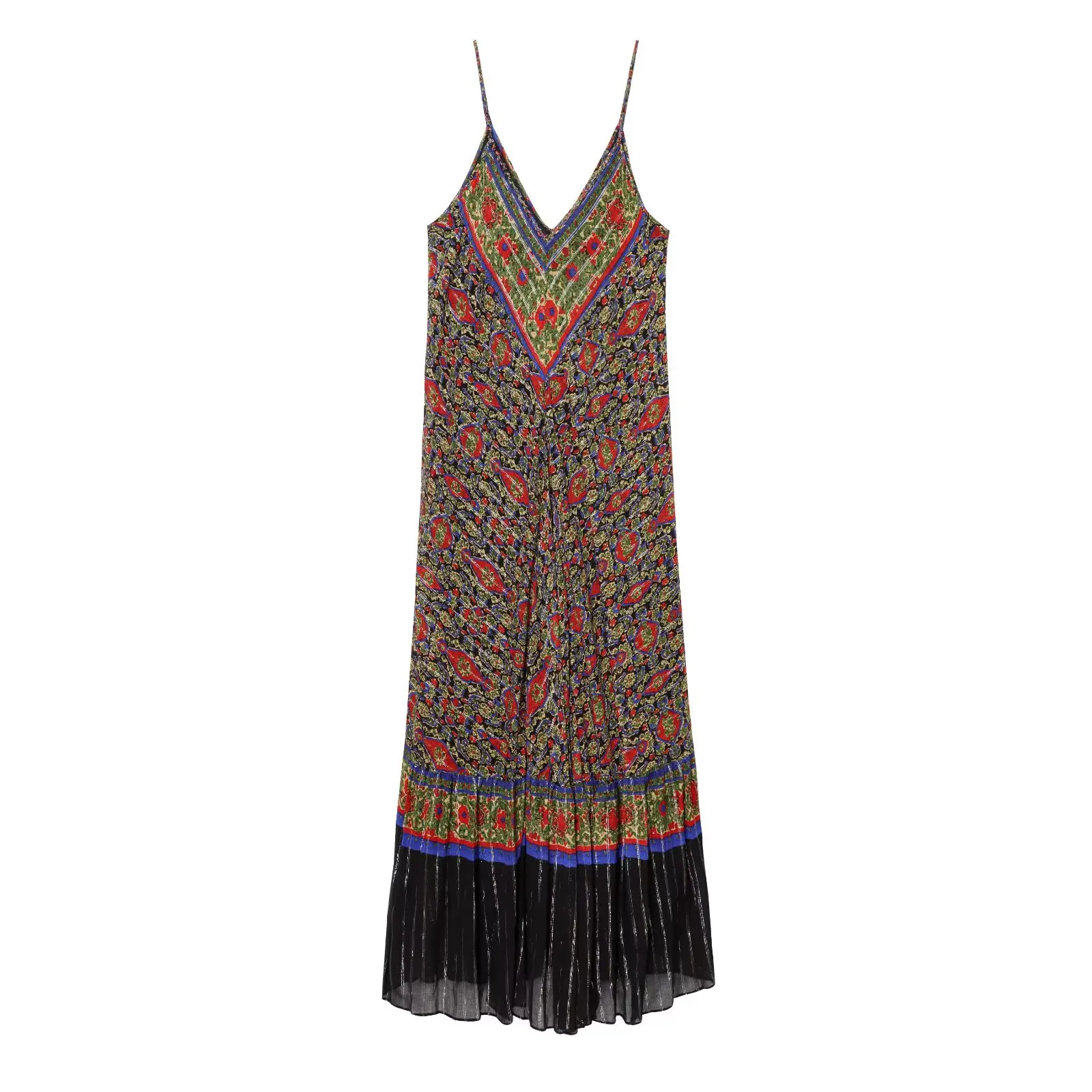 

BM&MD&ZA Womens Ethnic Style Elegant Low - Cut V - Neck Sleeveless Spaghetti Strap Midi - length Pleated Loose Printed Dress