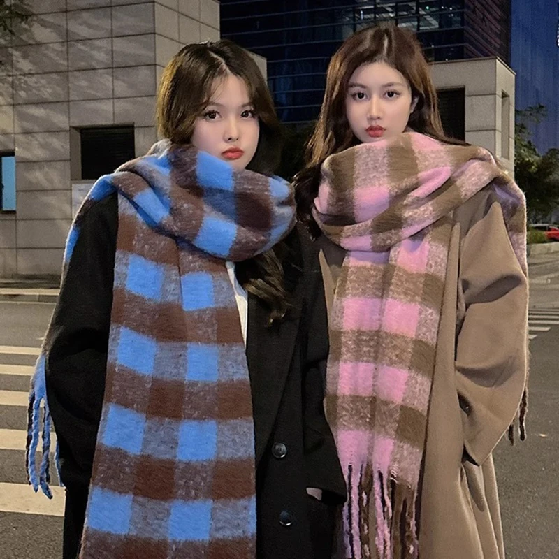 Plaid Scarf Checkerboard Soft Scarfs Women's Winter Warm Dual Use Long Shawl Vintage Thickened Scarves