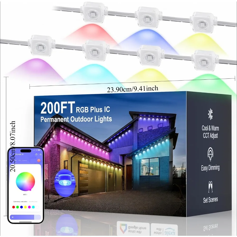 Para casa 200 pés, 4 métodos de controle, iluminação inteligente RGB plus IC beiral, para Natal todas as decorações do feriado