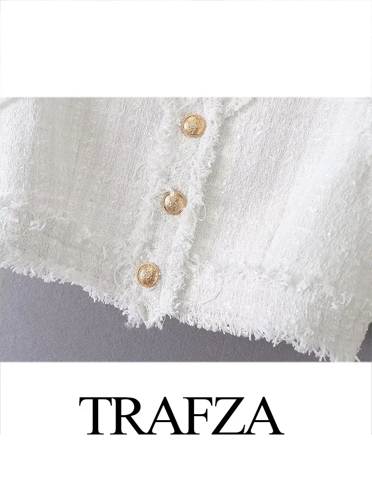 Trafza เสื้อกั๊กคอวีสีขาวสำหรับผู้หญิง, แจ็คเก็ตแขนกุดกระดุมแถวเดียวซิปข้างชุดสูทสองชิ้น ROK high waist