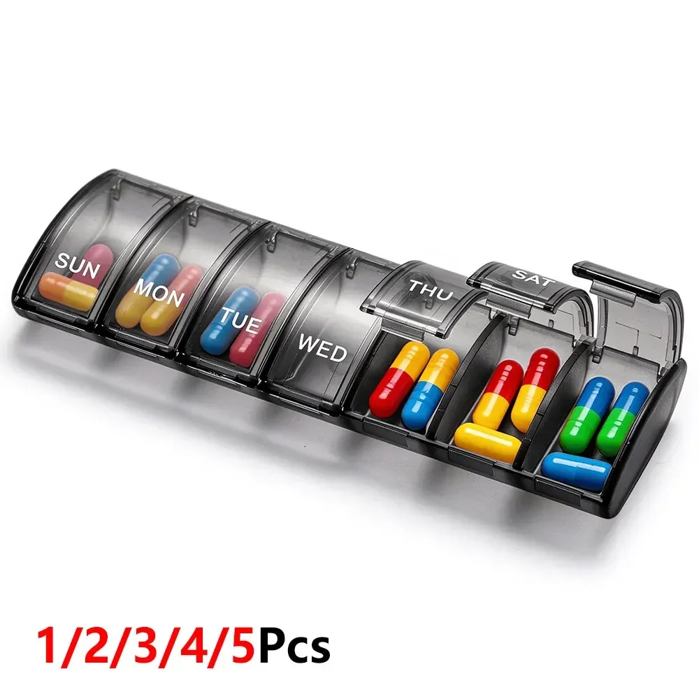 1/2/3/4/5Pcs Weekly Curved Pill Box, 7 Day Medicine Organizer with Separate Snap Lid, Compact Portable Pill Container, Fish Oil