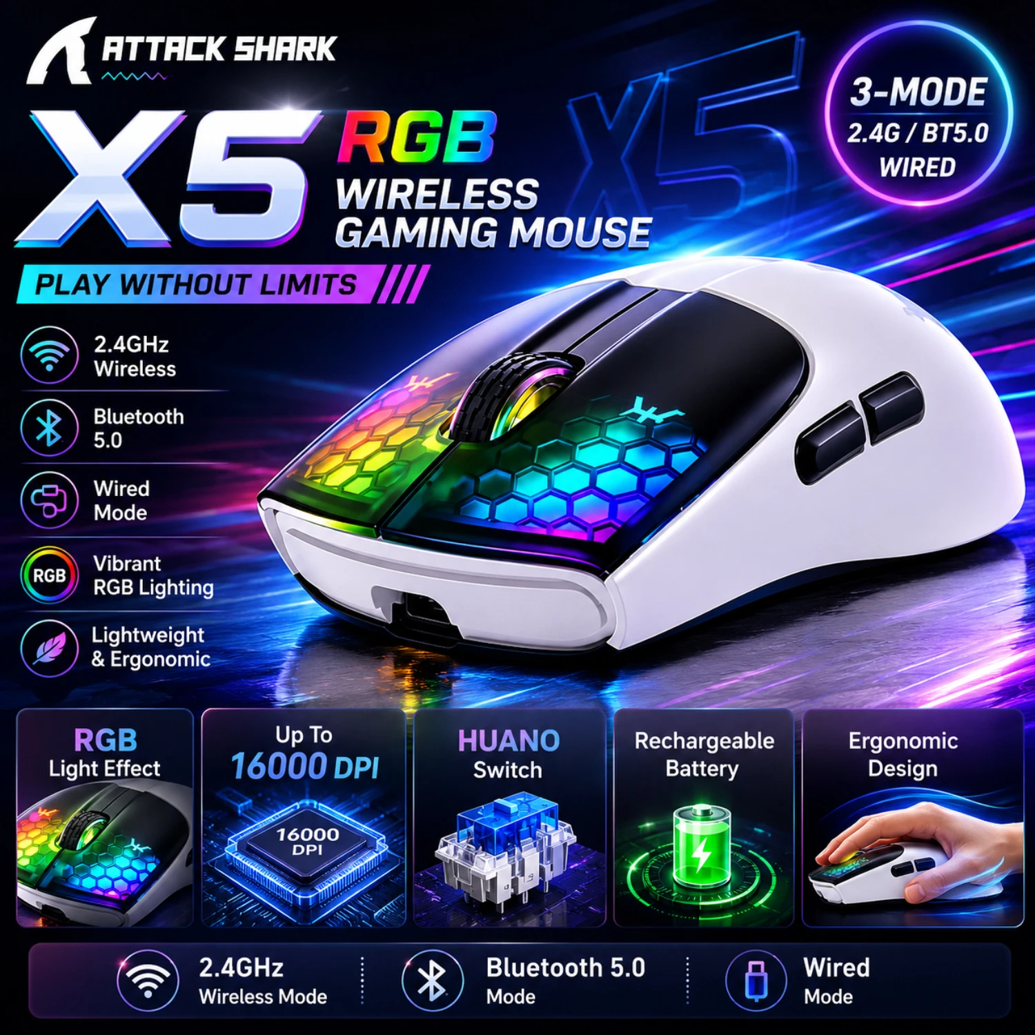 ATTACK SHARK X5 49g Ultralight Wireless Gaming Mouse | Tri-Mode (BT/2.4G/Wired), PixArt Optical Sensor, for PC/Mac/Windows
