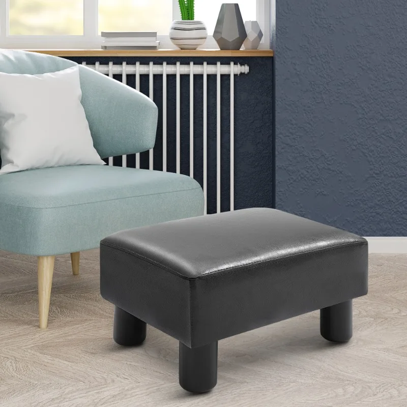 

Ottoman Foot Rest Small with Faux Leather Upholstery Rectangular Footrest Padded Foam Seat and Plastic Legs Bright Black