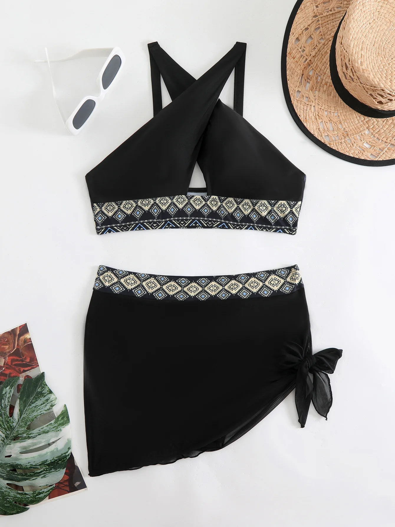 

Women Three Piece Bikini Set High Waisted Swimsuit Padded Cross Neck Swimwear with Beach Skirt Summer Beachwear Bathing Suit
