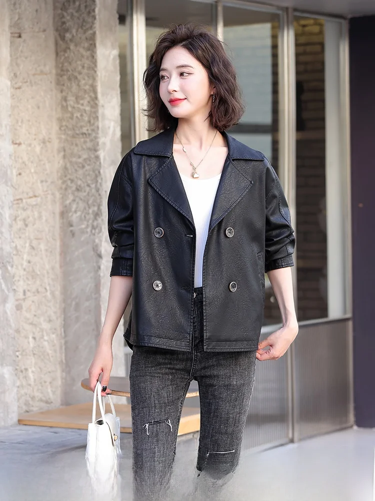 

Женское кожаное пальто из овчины 2024 года, весна-осень, новая корейская версия Haifeng, свободный крой, из натуральной кожи, класса люкс