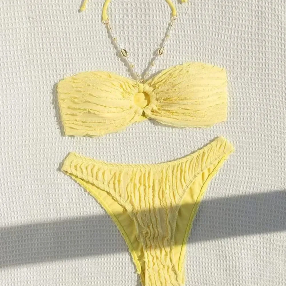 New Women's Clothing Sexy Bikini Pearl Chain Halter Neck Swimsuit Solid Color Backless Bikinis Sets Simple Style Temperament