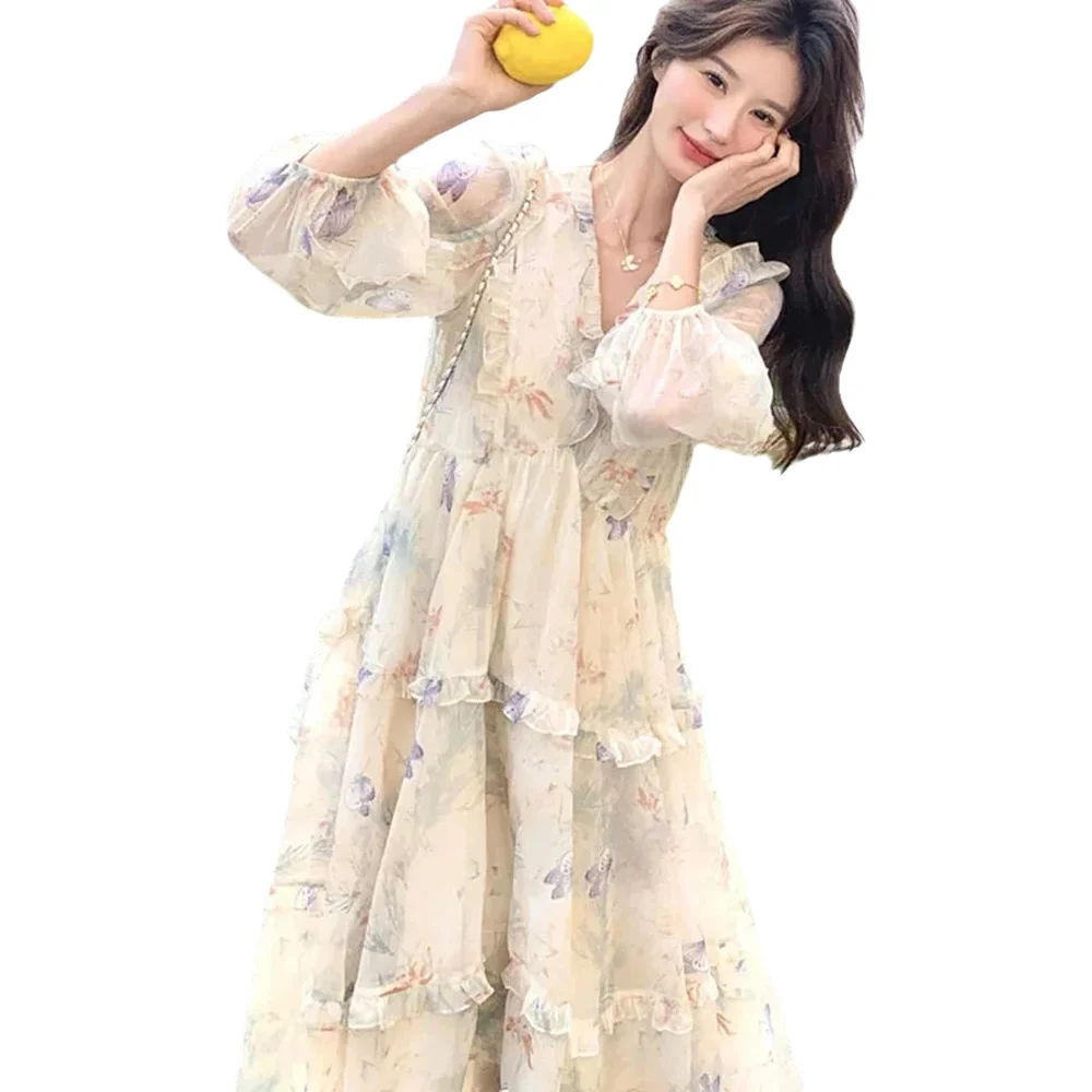 Women's Beige Floral Chiffon Maxi Dress 2026 New V Neck Puff Sleeve Ruffle Tiered Casual Summer Dress Bohemian Print Beach Dress