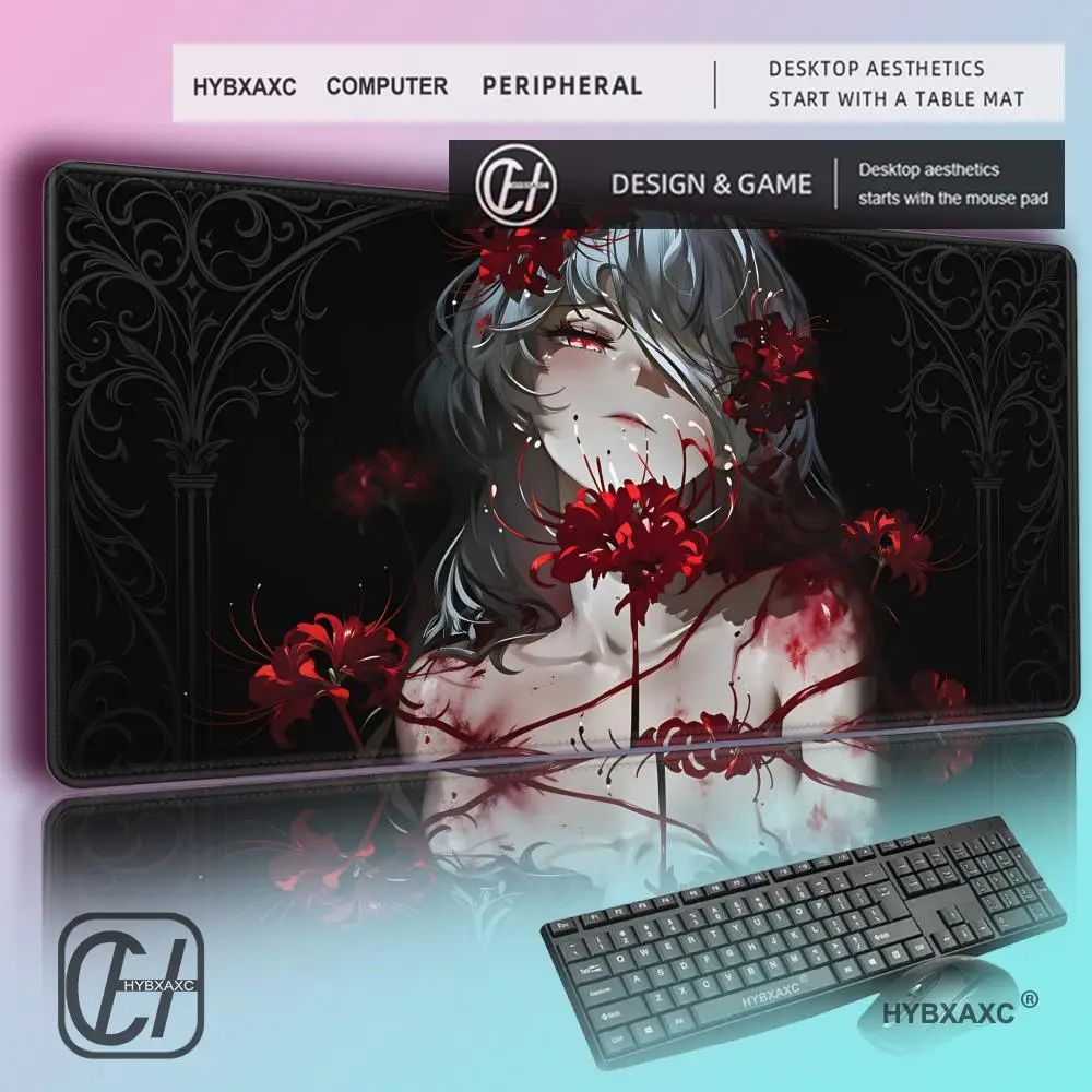 

HYBXAXC Dark Anime Girl Red Spider Lilies Gaming Mouse Pad Gothic Horror Desk Mat
