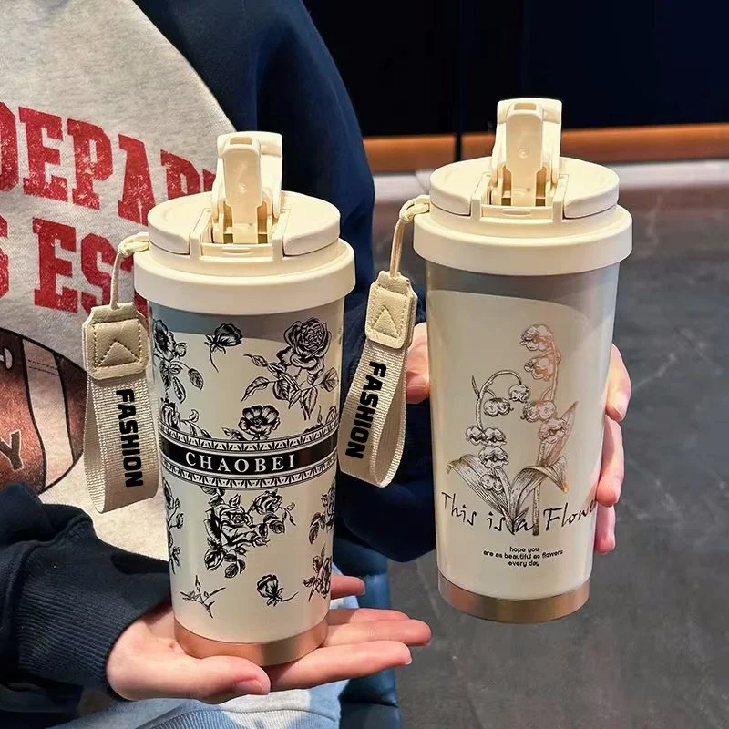 Woman Flower Coffee Mug 500ml 316 Stainless Steel Vacuum Flask Straw and Directly Drinking Insulated Tumbler  Thermal Cup