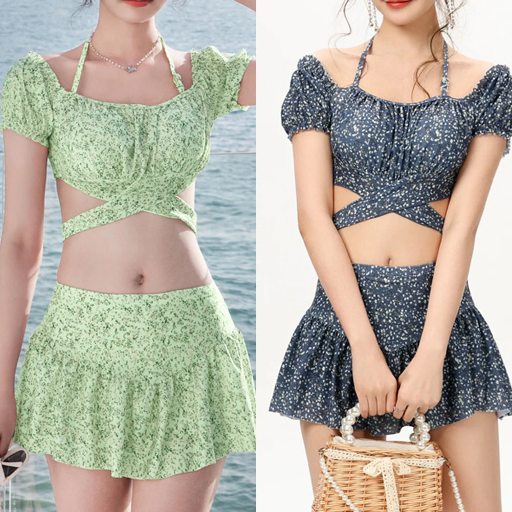 2025 Women Swimwear Breathable Floral Print Wide Comfortable Neck Short Sleeve Ruffle Hot Spring Beachwear Seamless Underpants