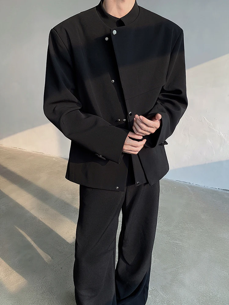 

Asymmetric Chinese Sle Men's Suit Jaet with oulder Pads Button Decoration Stand Collar Casual Western Sle Coat