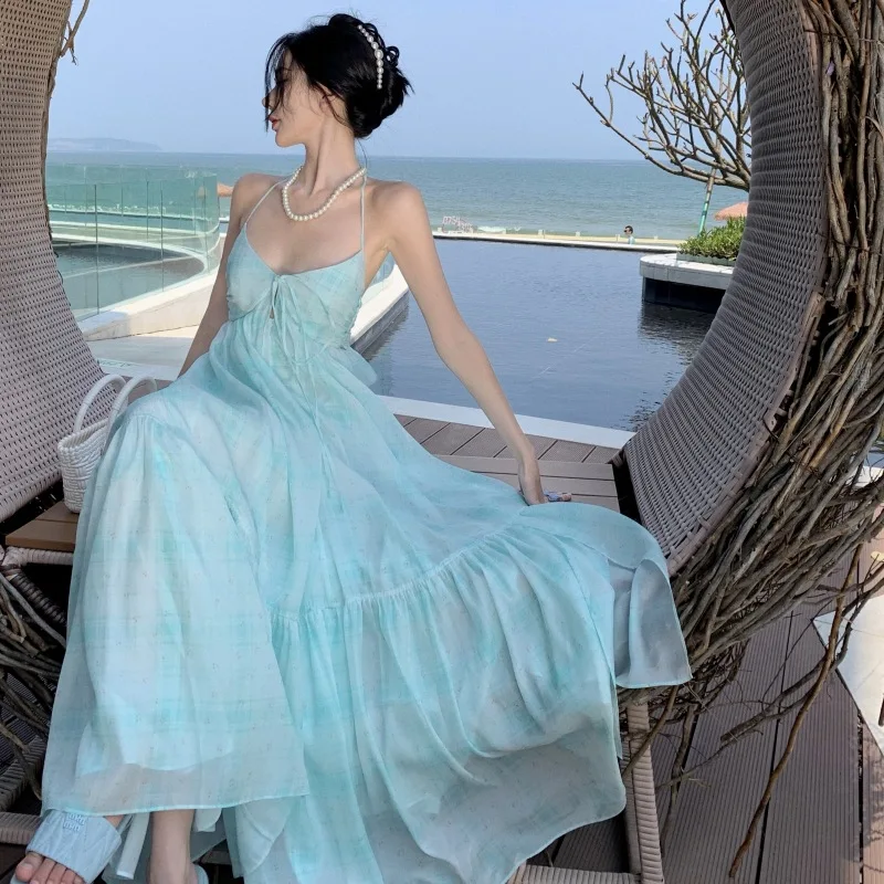 Fengxin Purple Mint Green V-neck Hanging Neck Strap Dress Long Dress Summer Beach Vacation Fairy Dress