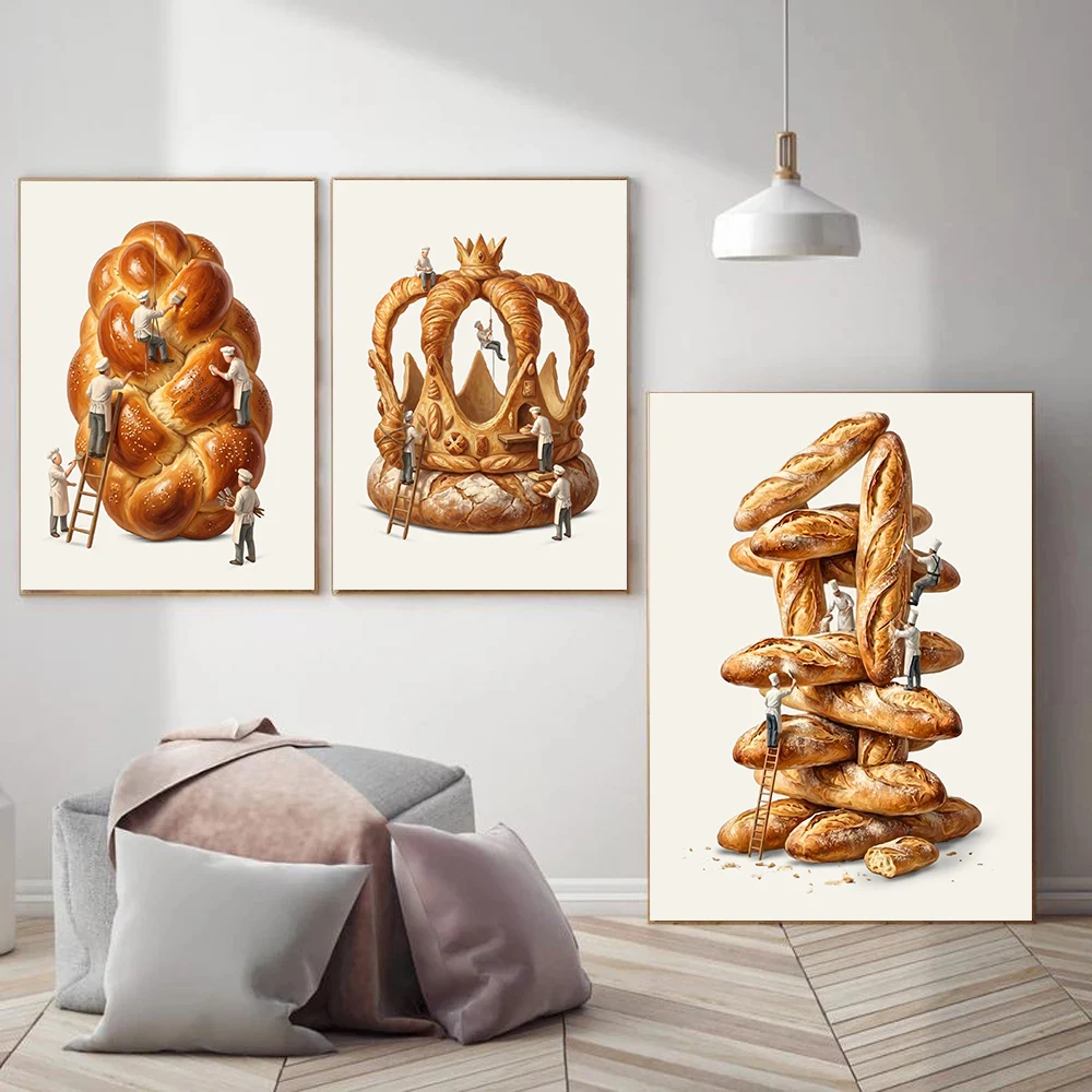 Whimsical Artisan Baking Kitchen Toast Sourdough Posters Bread Crown Modern Prints Canvas Painting Wall Pictures Home Room Decor