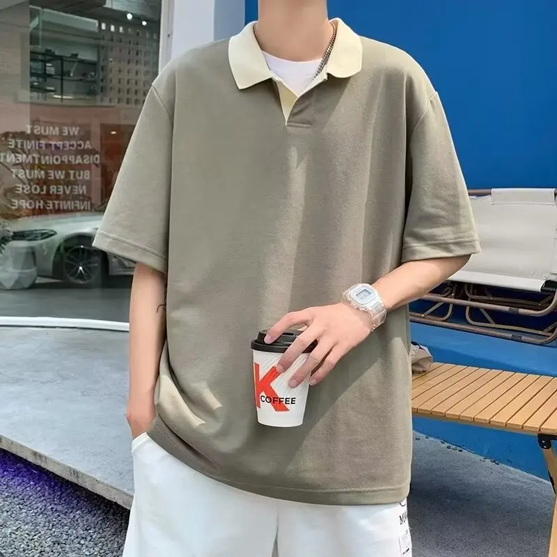 Contrasting Color Lapel Knitted Short-sleeved POLO Shirt Men's Trendy Brand Casual Loose Japanese Solid Color Youth T-shirt