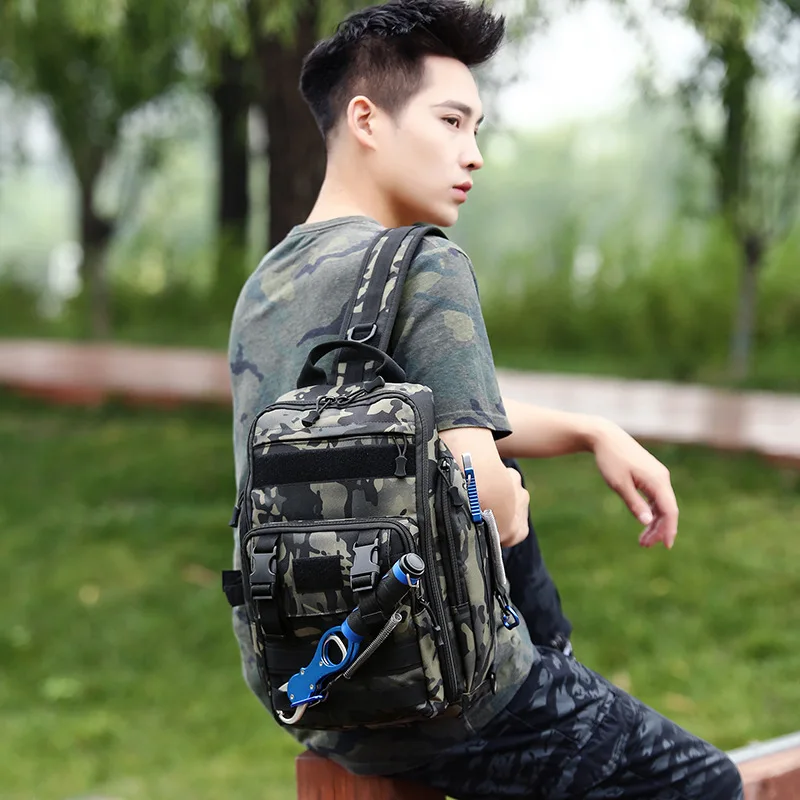 

Custom Logo Style Dual-Use Lure Fishing Backpack with Three Straps Curved Shoulder Strap Crossbody Tackle Travel Bag Men Women