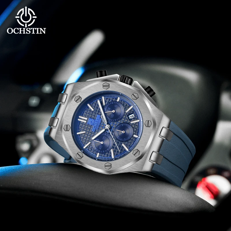 

OCHSTIN Men's Watch Luxury Design Chronograph Auto Date Silicone Strap Water Resistant Luminous Male Dress Wristwatch Men Gift