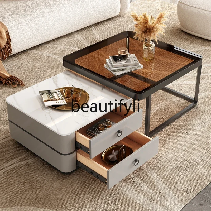 

Modern light luxury fashion glass rock slab coffee table small apartment movable square tea table