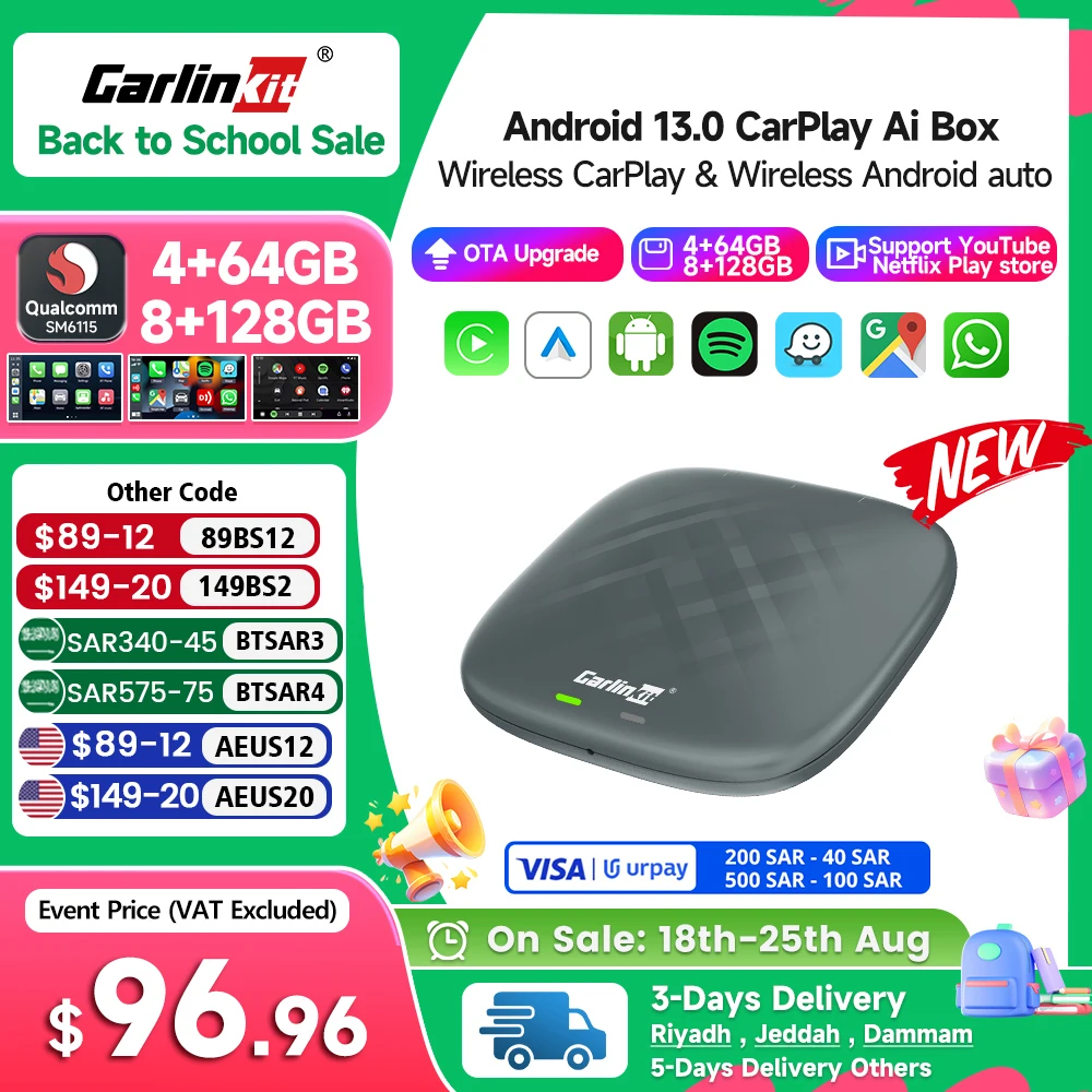 Carlinkit Ai Box 카플레이 무선 안드로이드 자동 스트리밍 비디오, 옥타코어 64G, 유튜브 넷플릭스 IPTV 2024 스마트 박스 GPS 