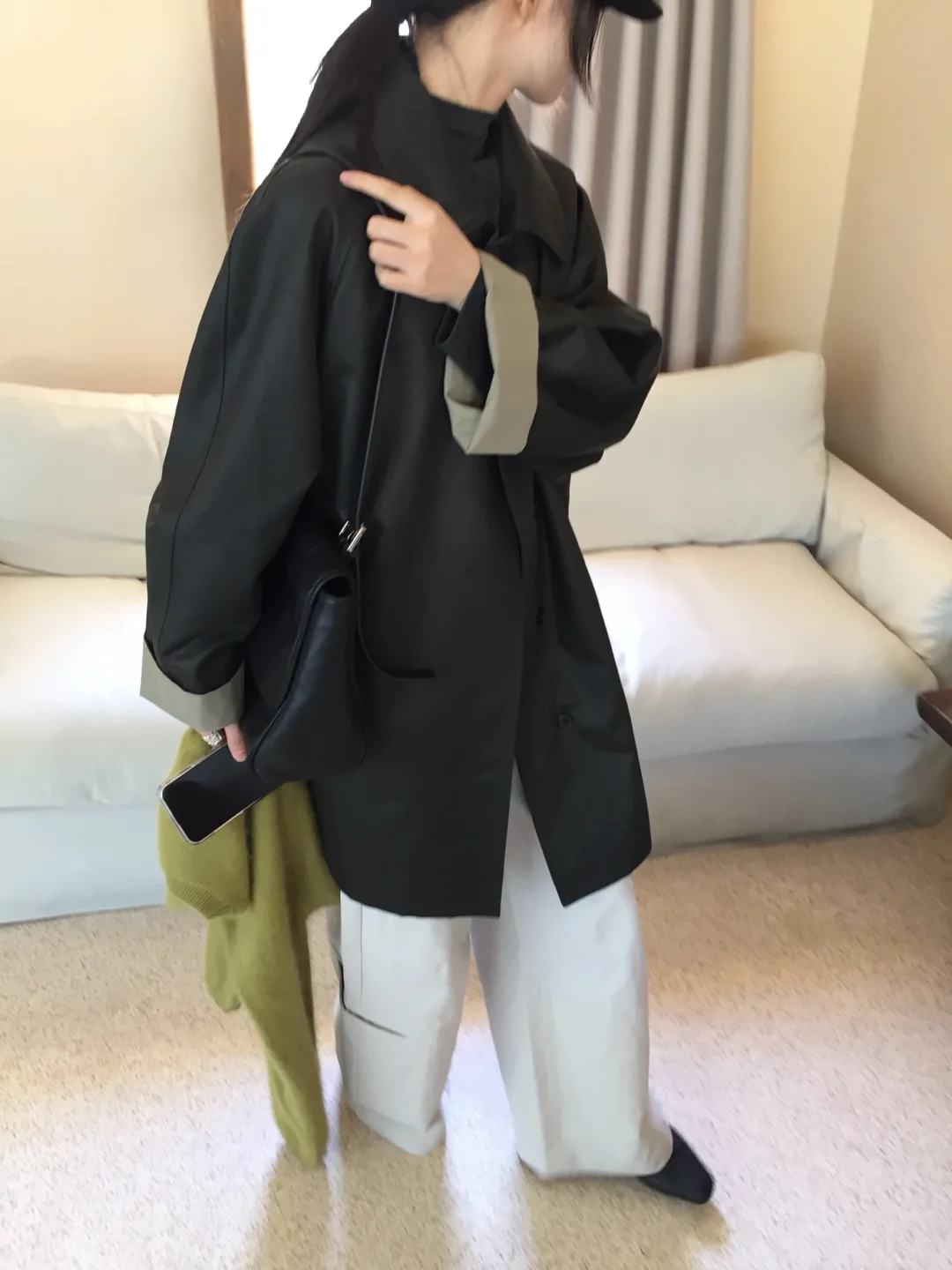 

Retro Sle Loose Fit Casual Color Blo Long Women's Jaet Autumn Faionable Outerwear Ele Medium Length Coat