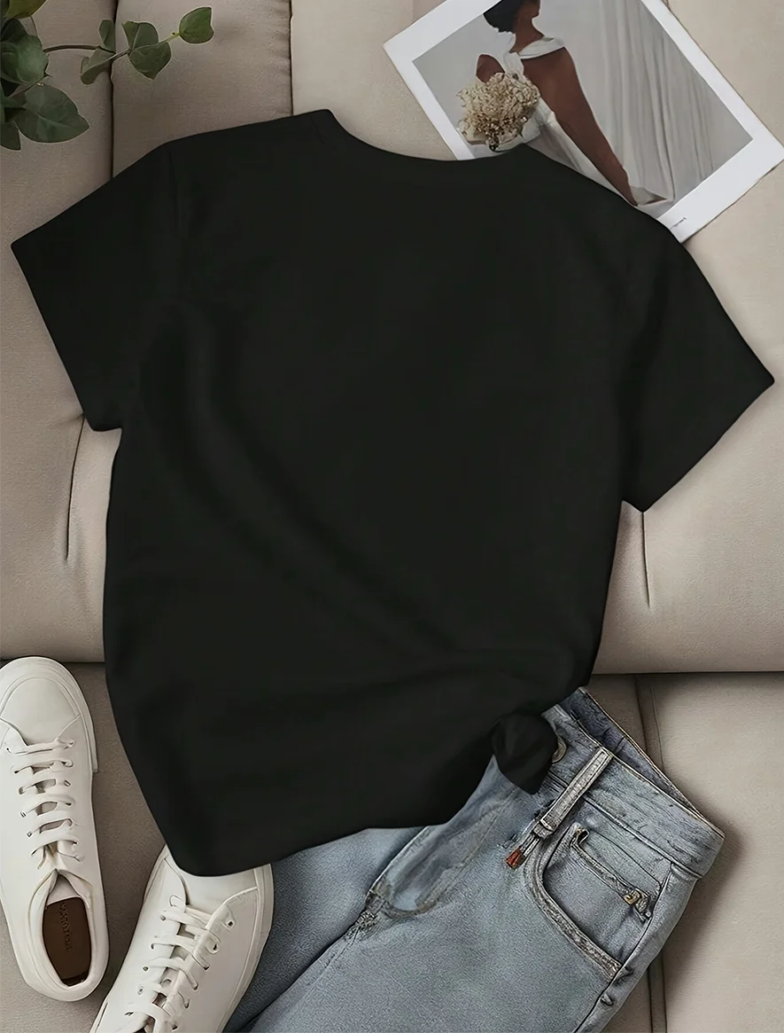 Women's Round Neck Short Sleeve T-Shirt Los Angeles Print Diamond Decorated Fashionable Casual Top for Ladies