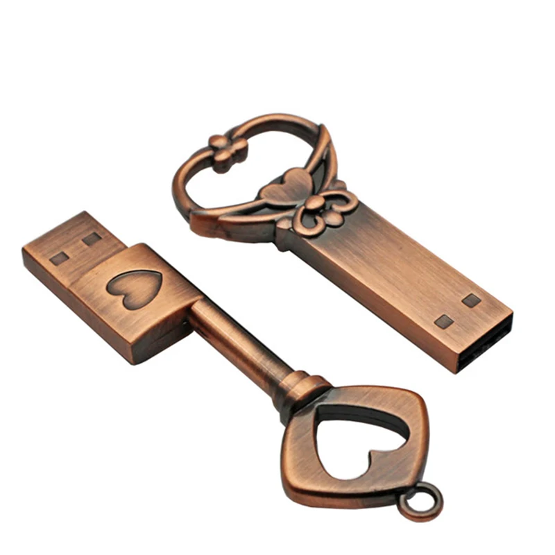 Copper Love Heart Pen Drive 128GB Retro Metal USB Flash Drive 64GB Key Memory Stick Creative Gift Pendrive 64GB External Storage